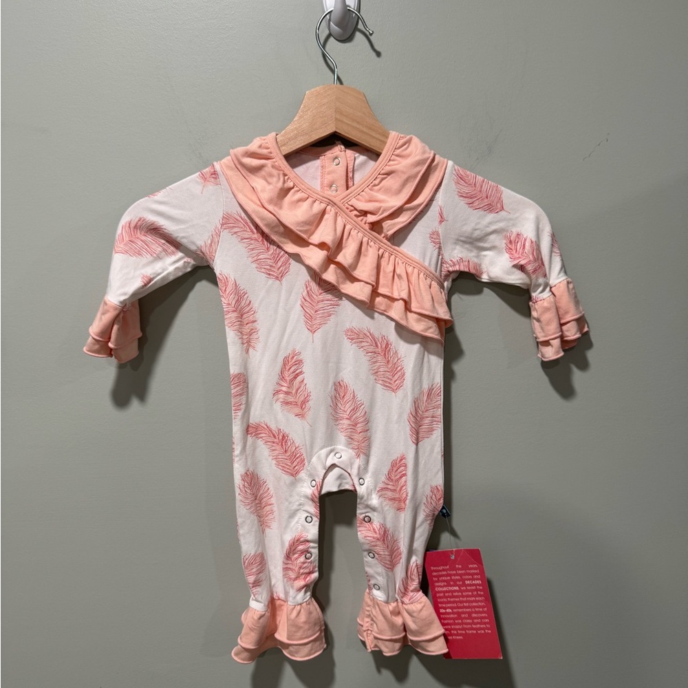 Kickee Pants Bamboo Double Ruffle Romper in Natural  Feathers 3-6 month